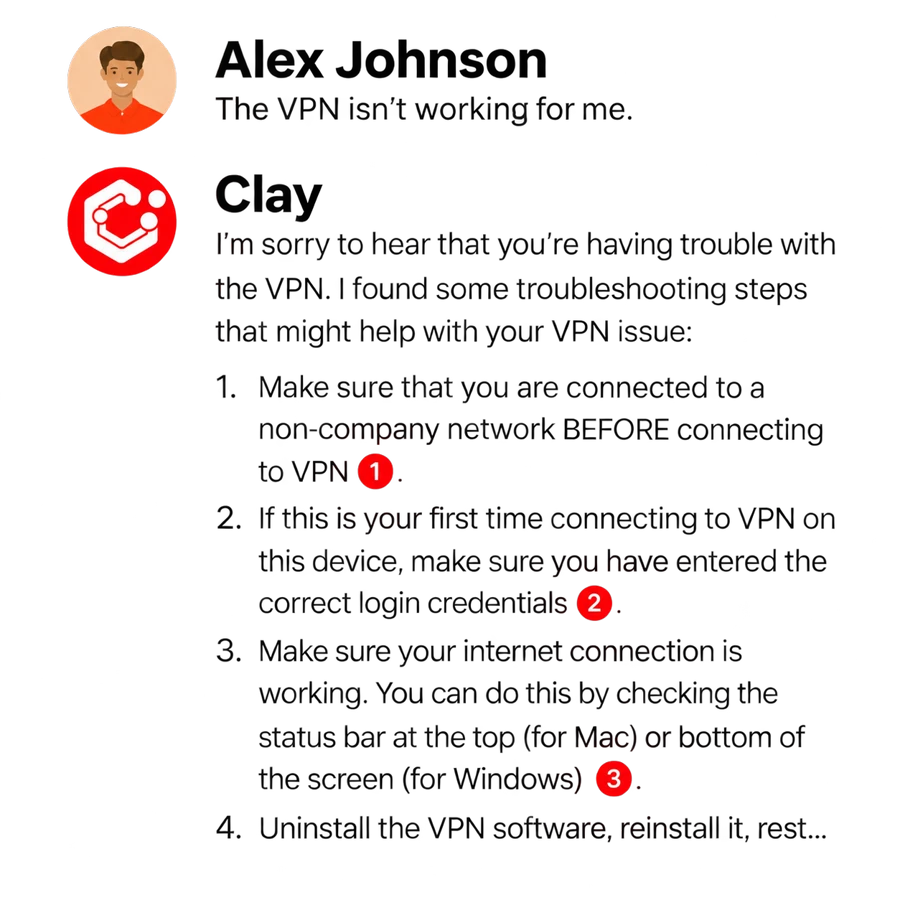 Clay, the CoorsTek AI assistant, walking an employee through a VPN issue